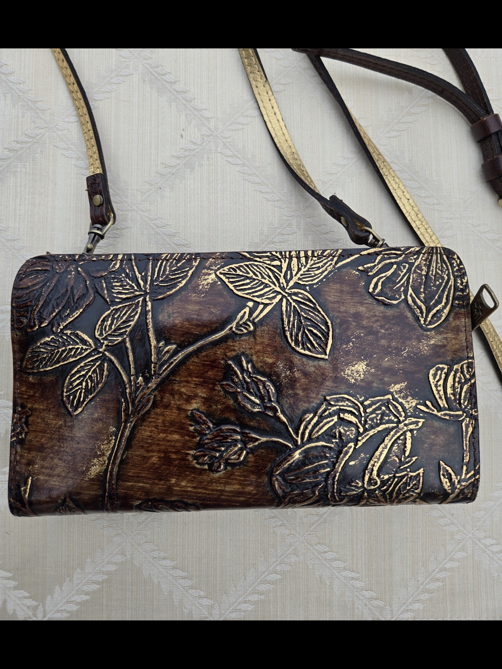 Patricia Nash Azario Embossed floral crossbody bag brown metallic Clutch Handbag - Picture 3 of 10
